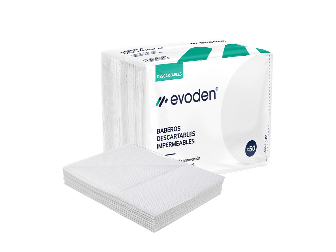 Baberos descartables Premium BLANCOS, doble capa, bolsa x 50u. EVODEN