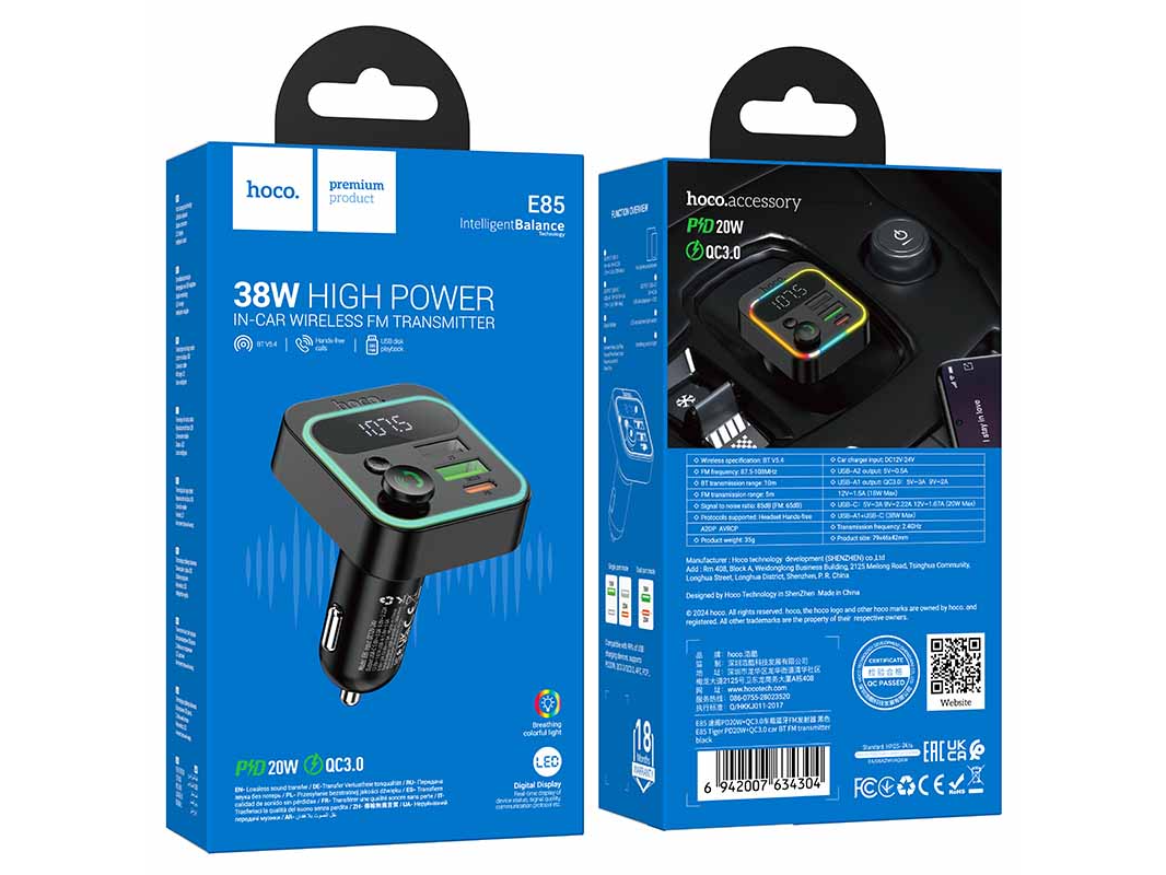 CARGADORES HOCO 12V-24V 1P USBQC/1P USB/1P C/BT FM AUTO  HOCO CARGADOR TRANSMISOR FM BT E85 TIGER
