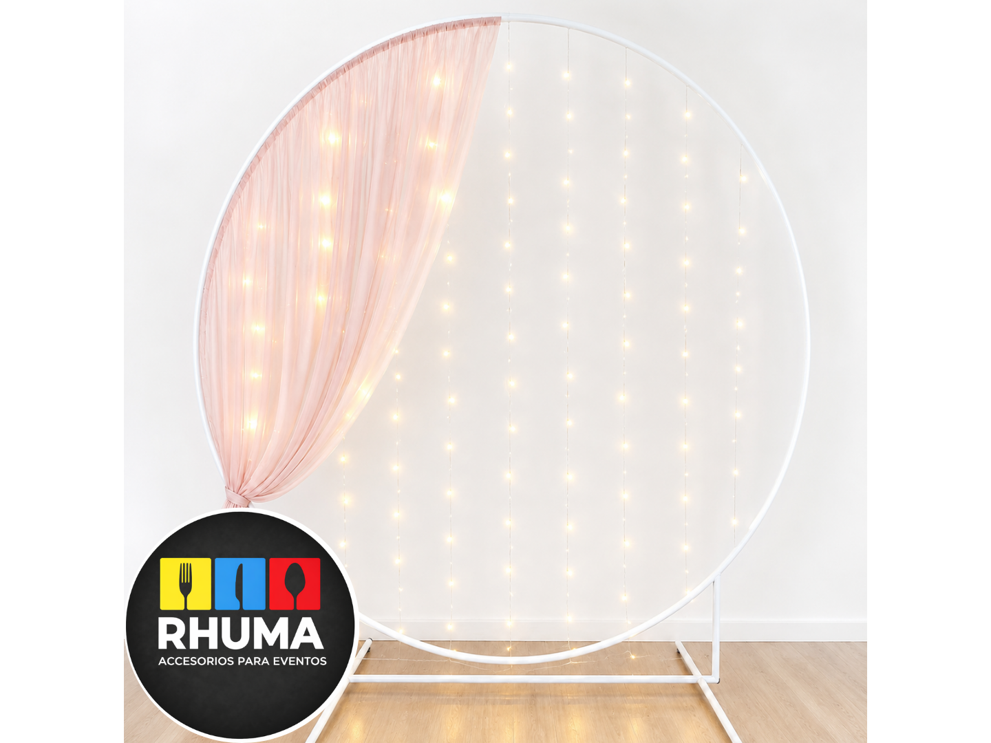 ESTRUCTURA CIRCULAR 2M DIAM DESARMABLE BLANCO CON LUCES LED/GASA ROSA VINTAGE