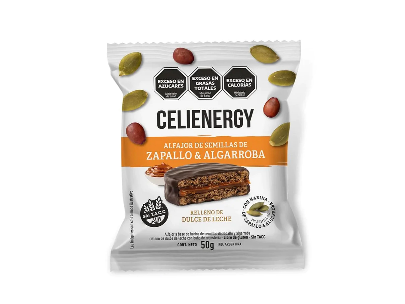 Alfajor de Semillas de Zapallo y Algarroba relleno de Dulce de Leche CELIENERGY