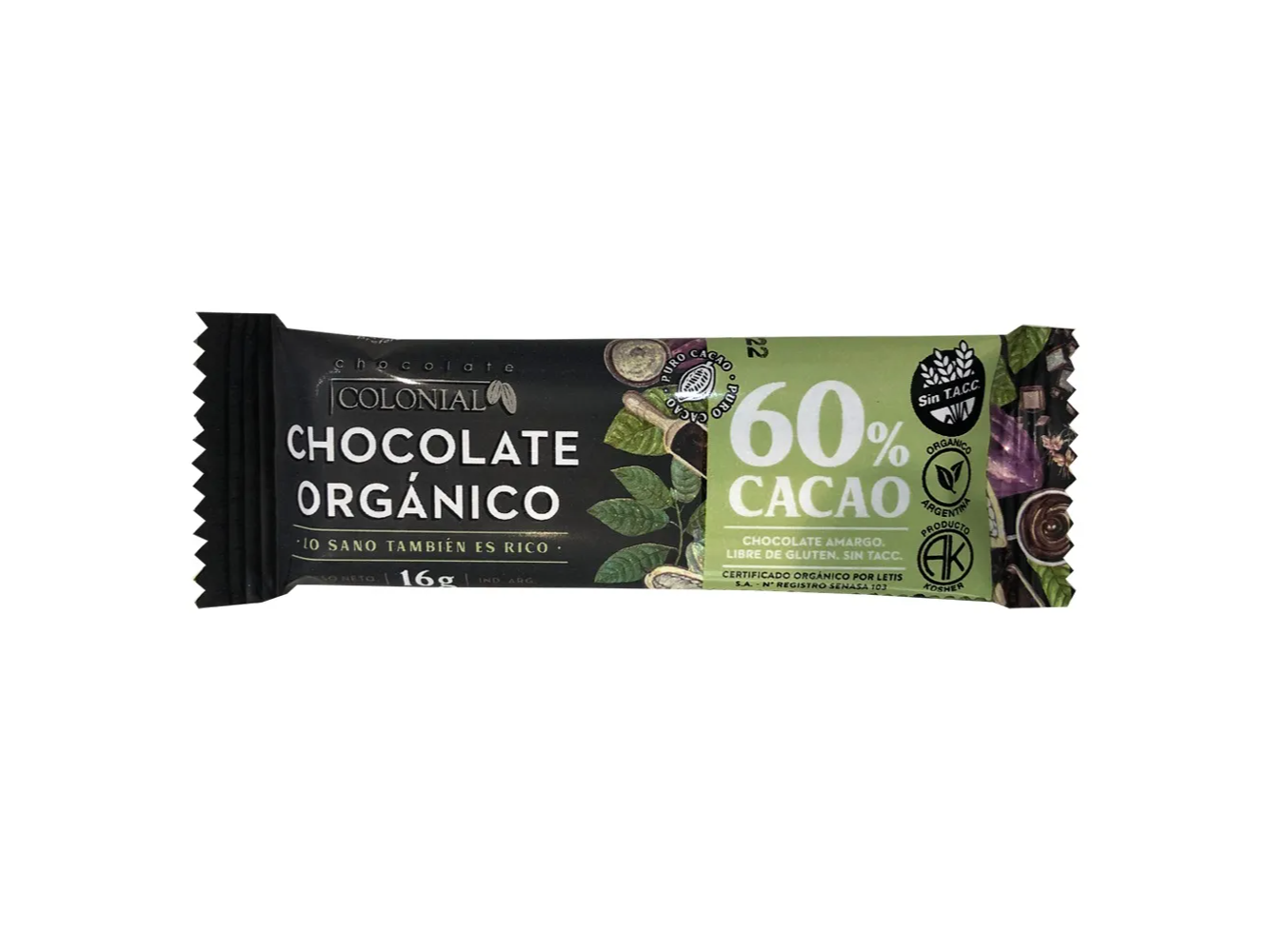 Chocolate Orgánico 60% Cacao sin gluten 16g COLONIAL