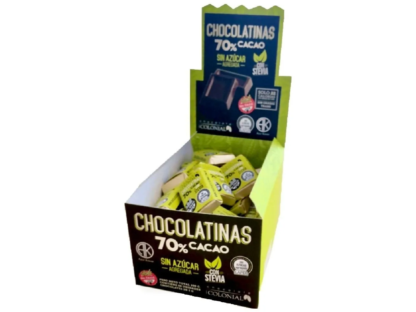 Chocolatinas 70% Cacao c/Stevia sin gluten COLONIAL