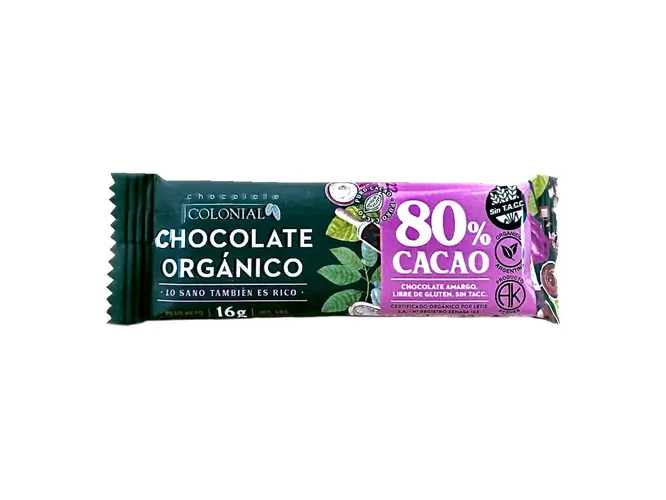 Chocolate Orgánico 80% Cacao sin gluten 16g COLONIAL