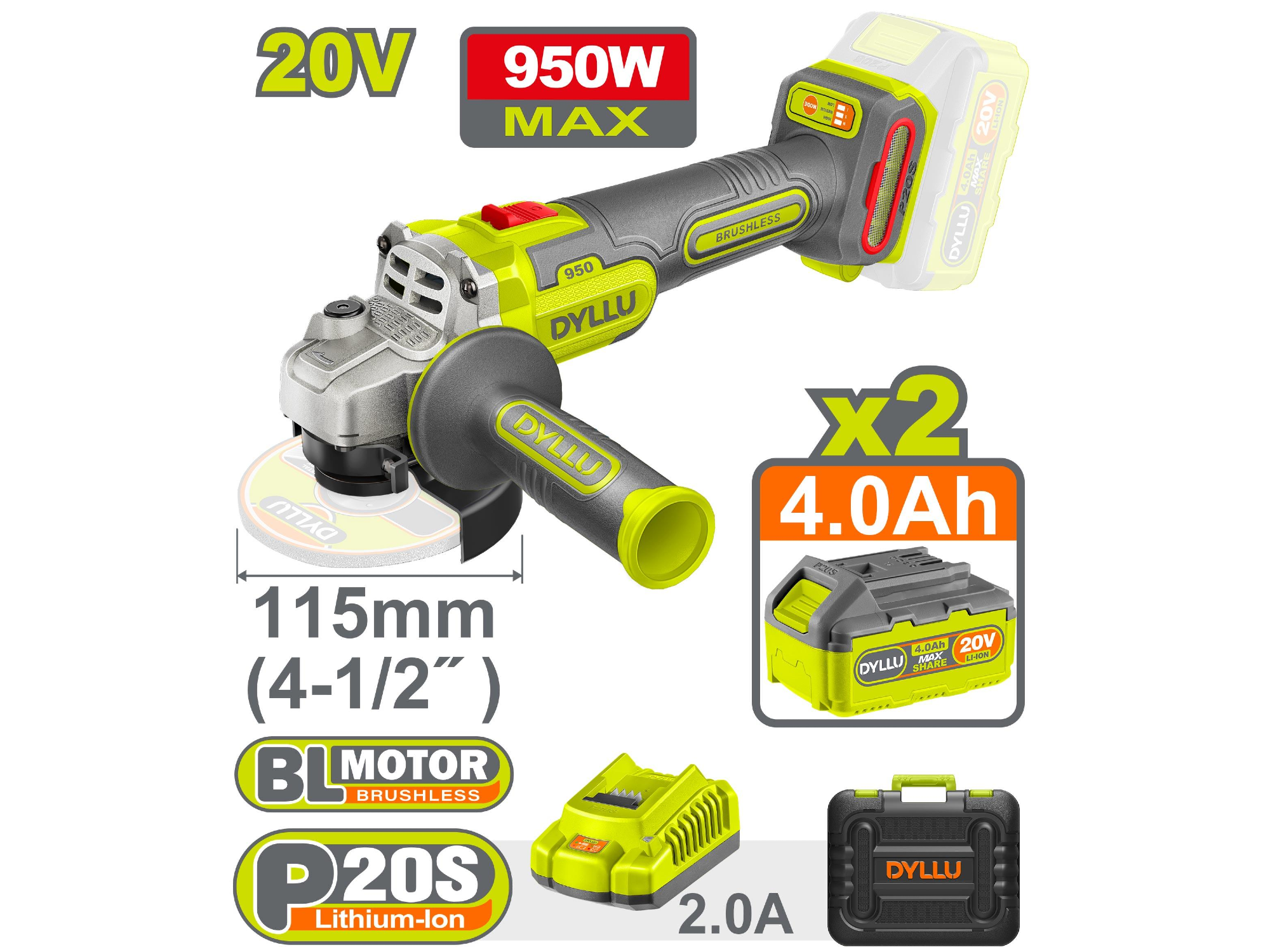 Amoladora Angular 20V BL 950W 9000rpm DTLAP5322-4 de STAIGER