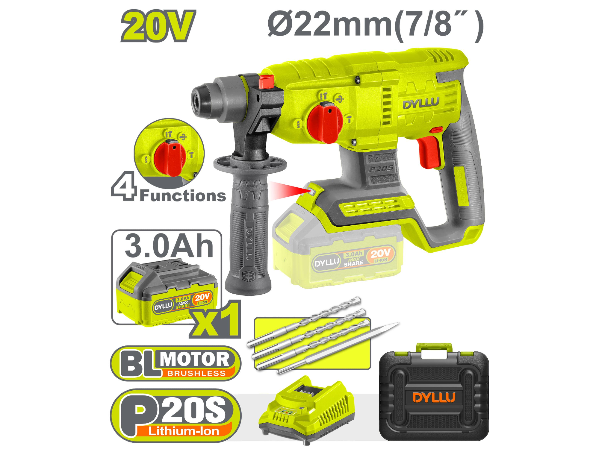 Rotomartillo SDS PLUS BL 22mm 20V (CARGADOR Y BATERIA) DTLM1522-4