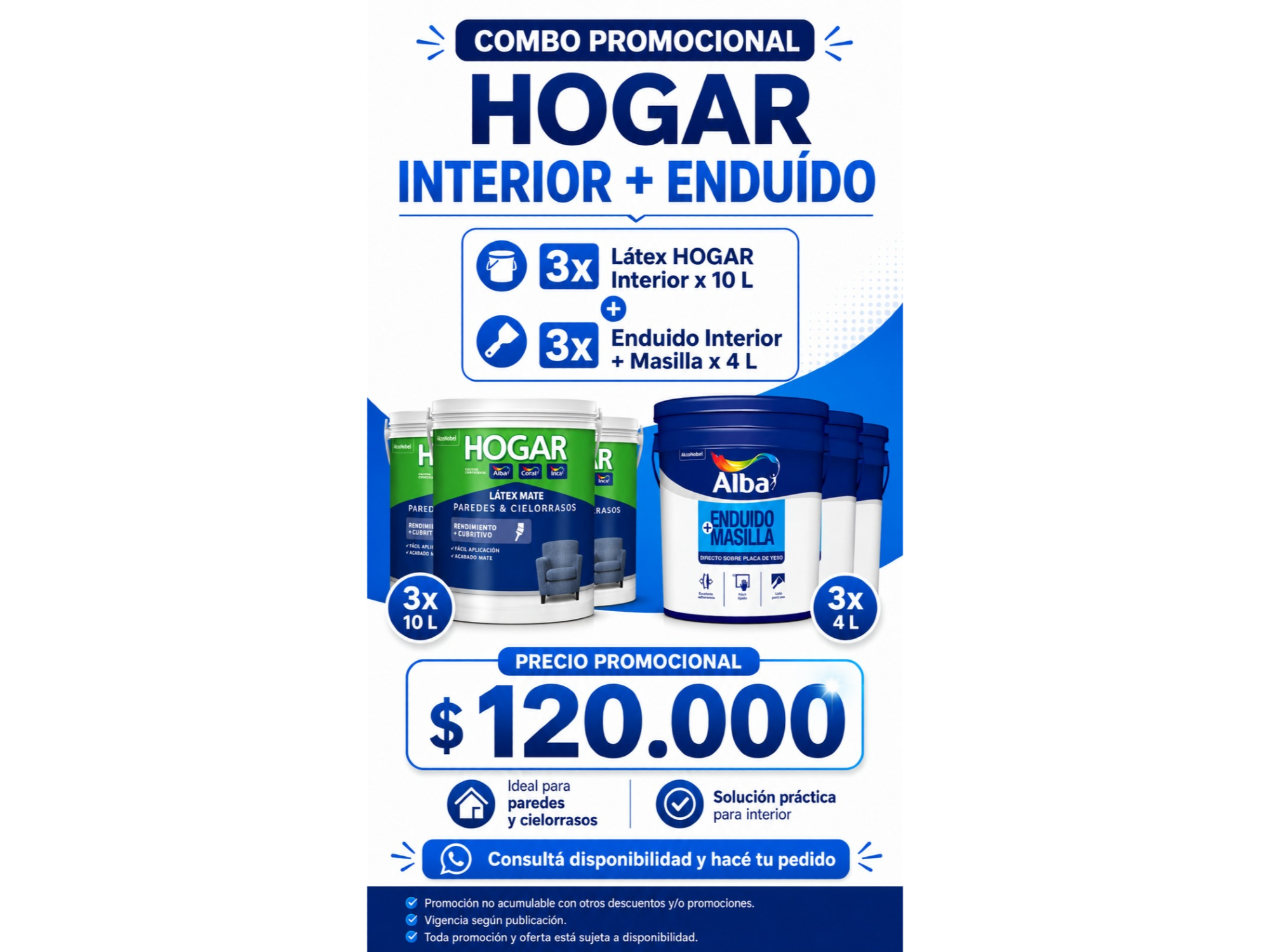 Combo 3 Hogar Latex Interior 10L + 3 Enduido Interior 4L