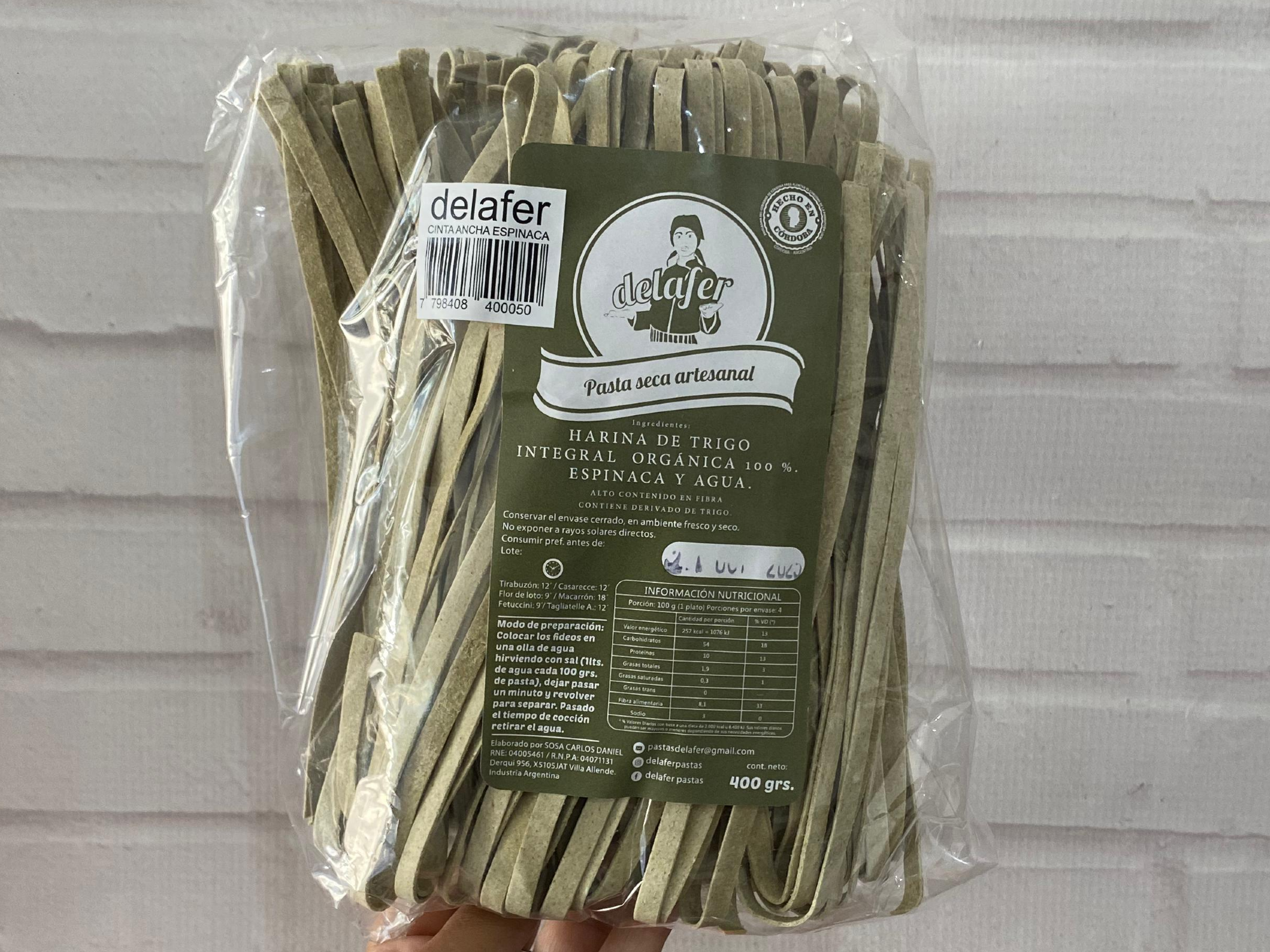 Fideos 100% integrales espinaca Delafer