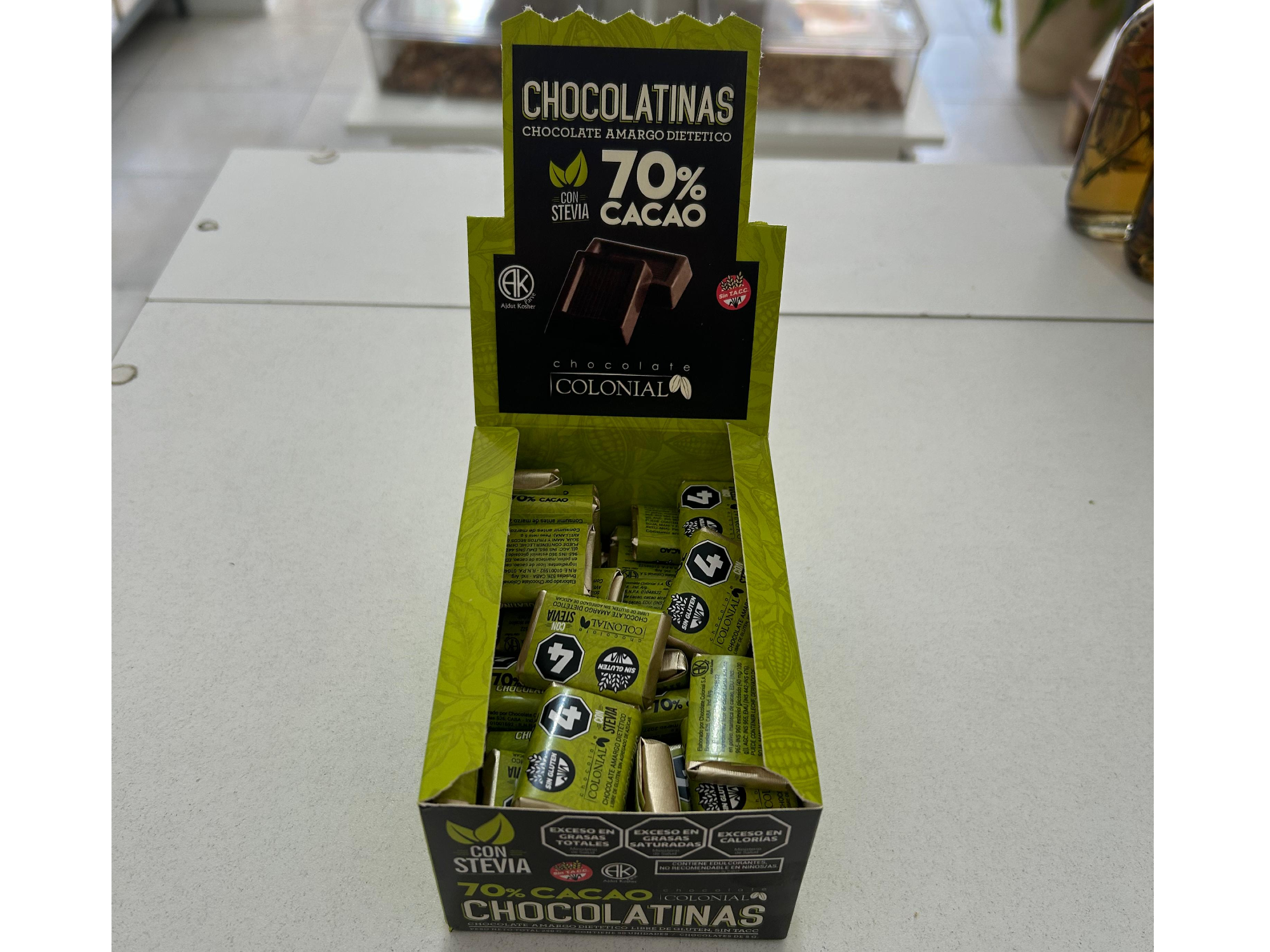 Chocolatinas 70% cacao con stevia x5g