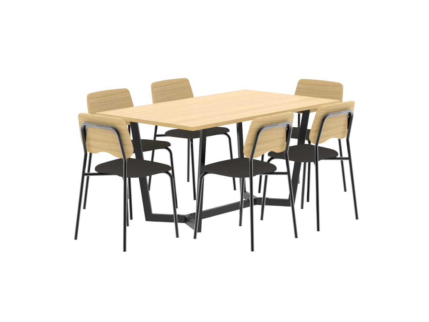 Mesa Moderna Roble Base Metálica 1.60 Mts + 6u Sillas Roma Negras