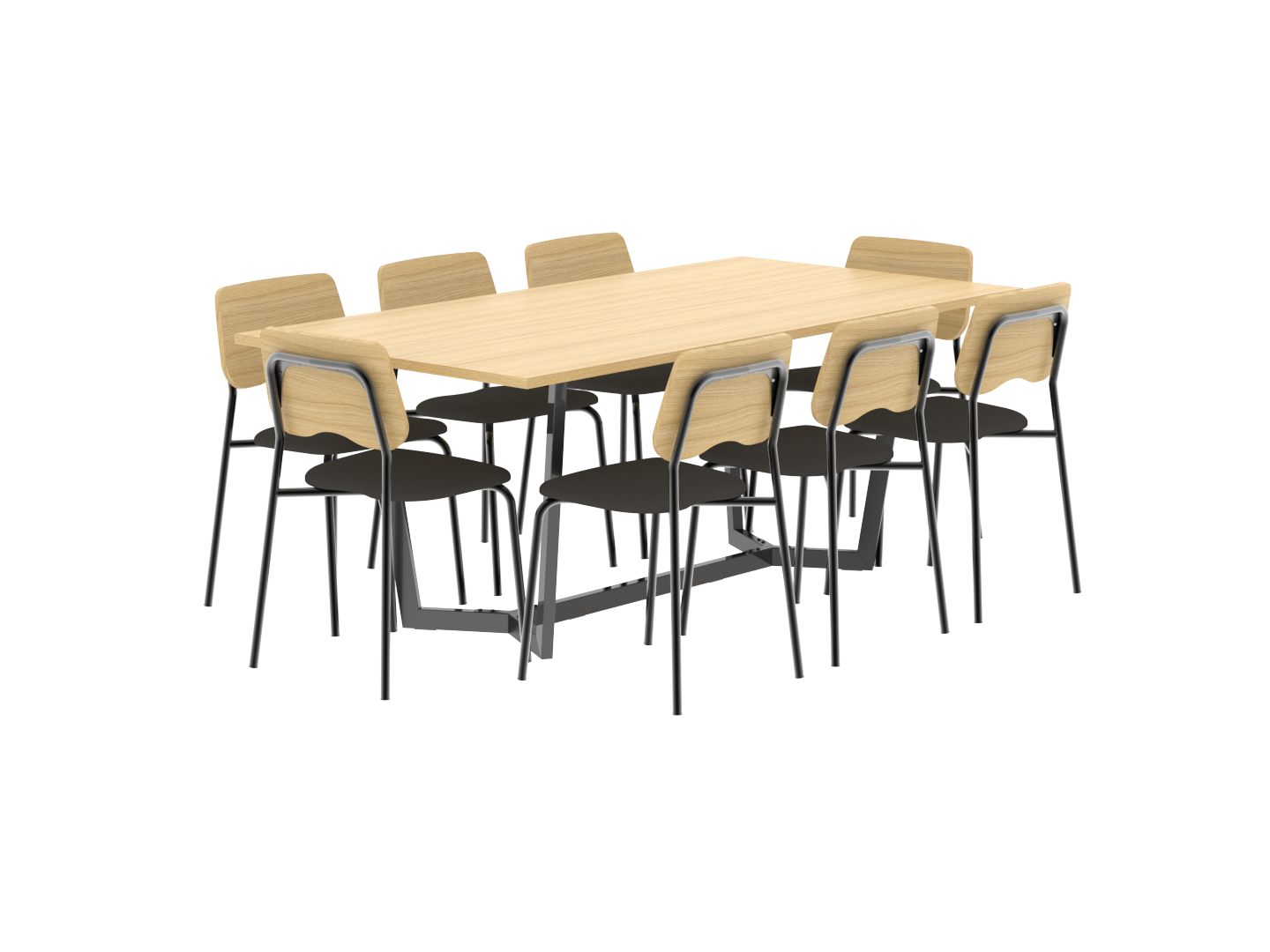 Mesa Moderna Roble Base Metálica 2 Mts + 8u Sillas Roma Negras
