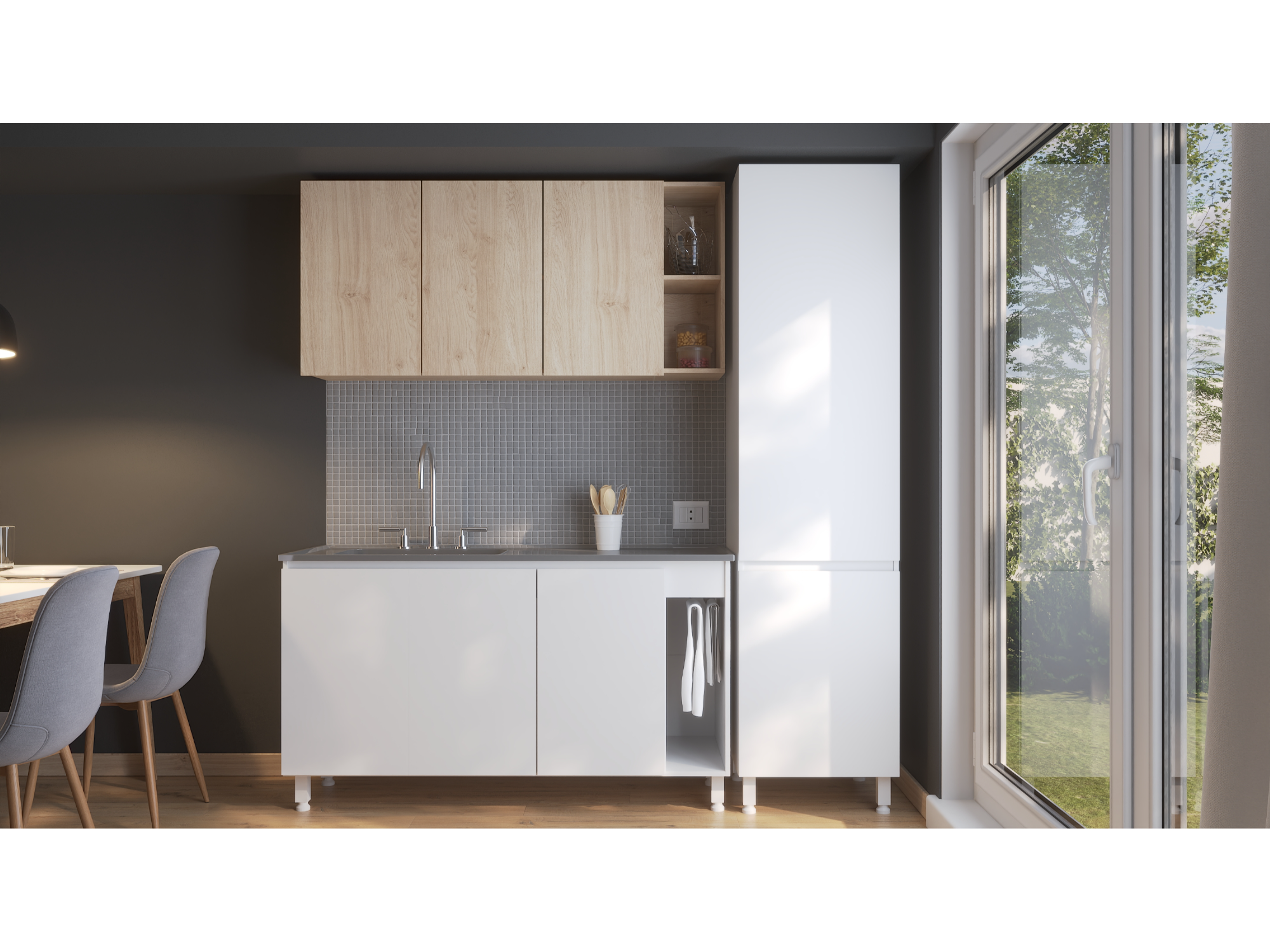 Combo Lux Bacha Lateral 1.40 Mts Blanco con Roble Kendal