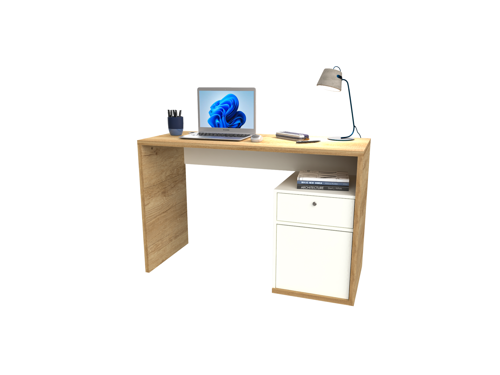 Escritorio 1 puerta + 1 cajon 1.20 Mts Roble Nebraska Natural / Blanco Laca