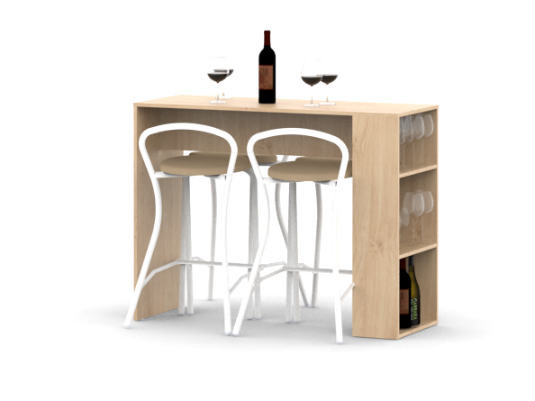 Barra Desayunadora con estantes Roble con 2u Banquetas Blancas