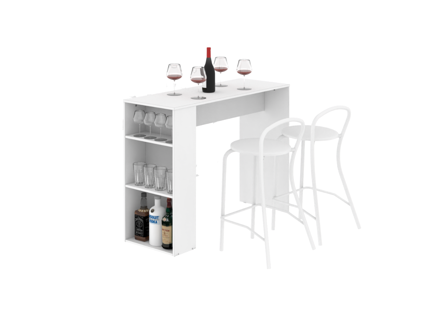 Barra Desayunadora con estantes Blanca con 2u Banquetas Blancas