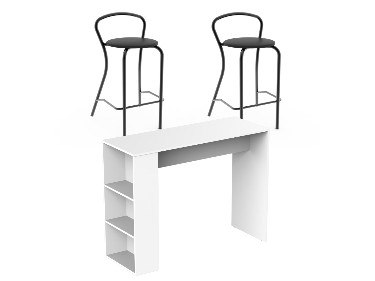 Barra Desayunadora con estantes Blanca con 2u Banquetas Negras