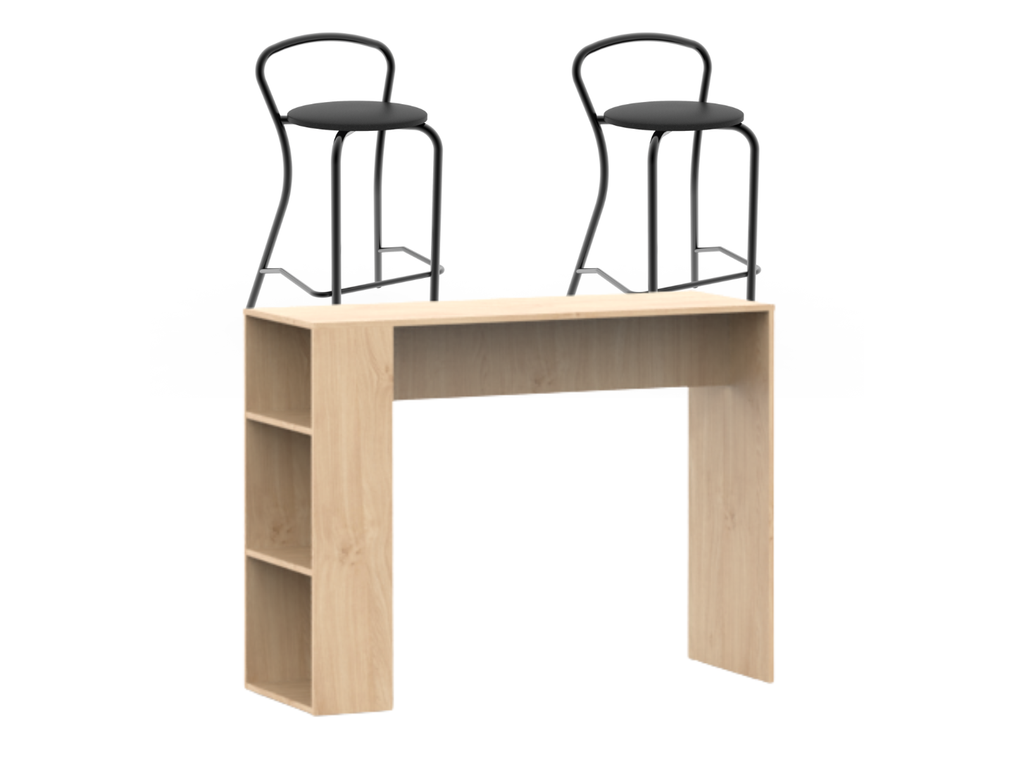 Barra Desayunadora con estantes Roble con 2u Banquetas Negras