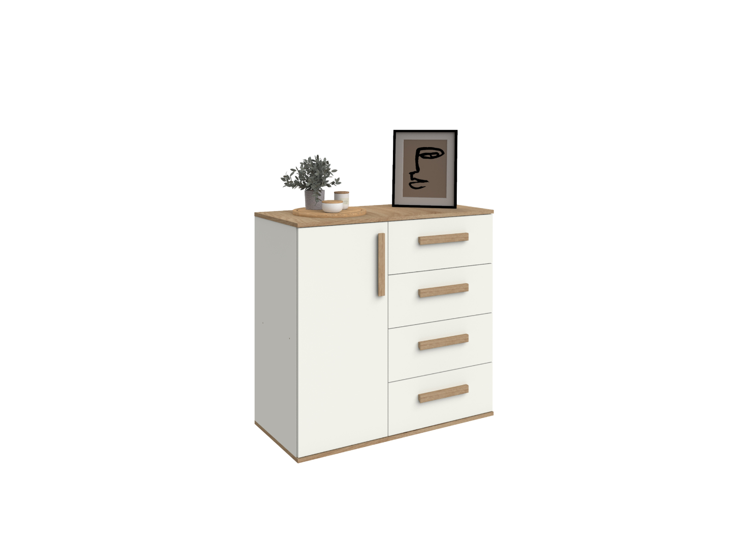 Comoda 4 Cajones 1 Puerta Roble Kendal / Blanco Laca