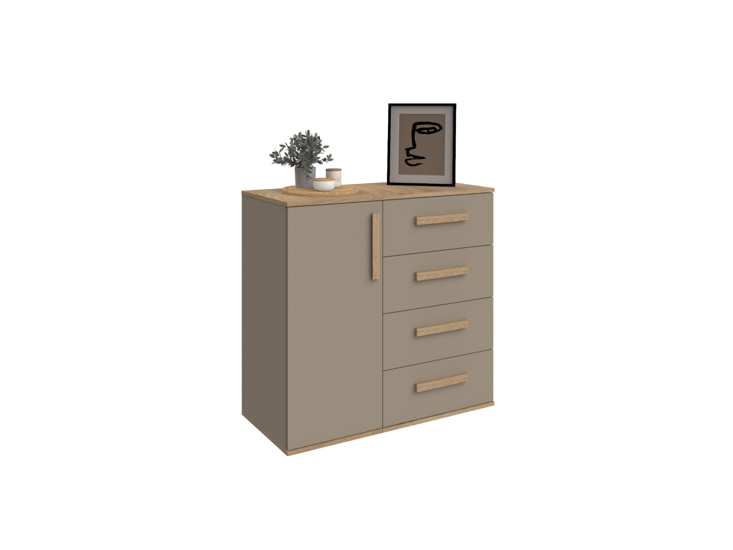 Comoda 4 Cajones 1 Puerta Roble Kendal / Gris Arcilla