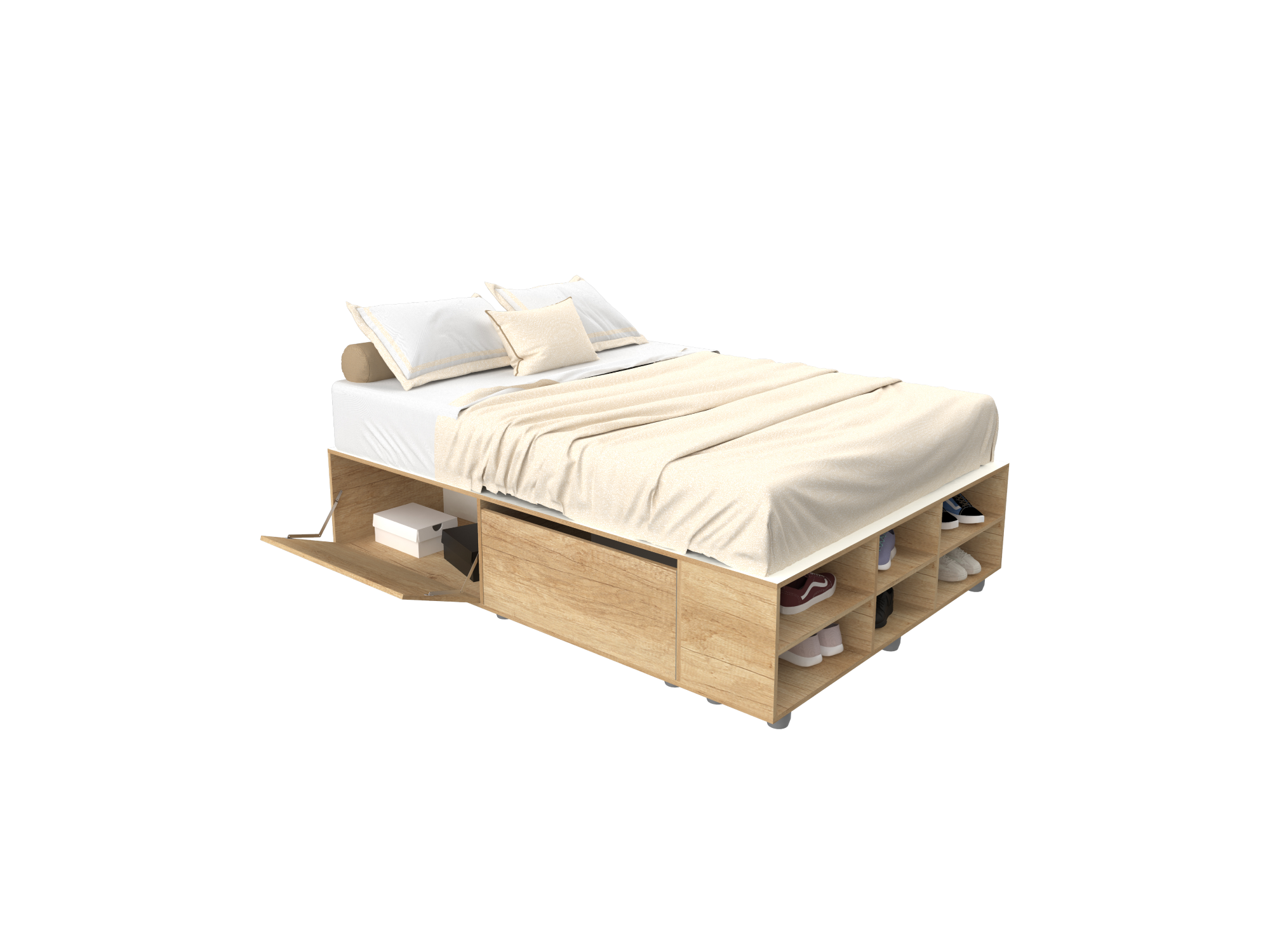 Box Cama 2 plazas Roble Nebraska Natural (1.40 x 1.90 Mts)