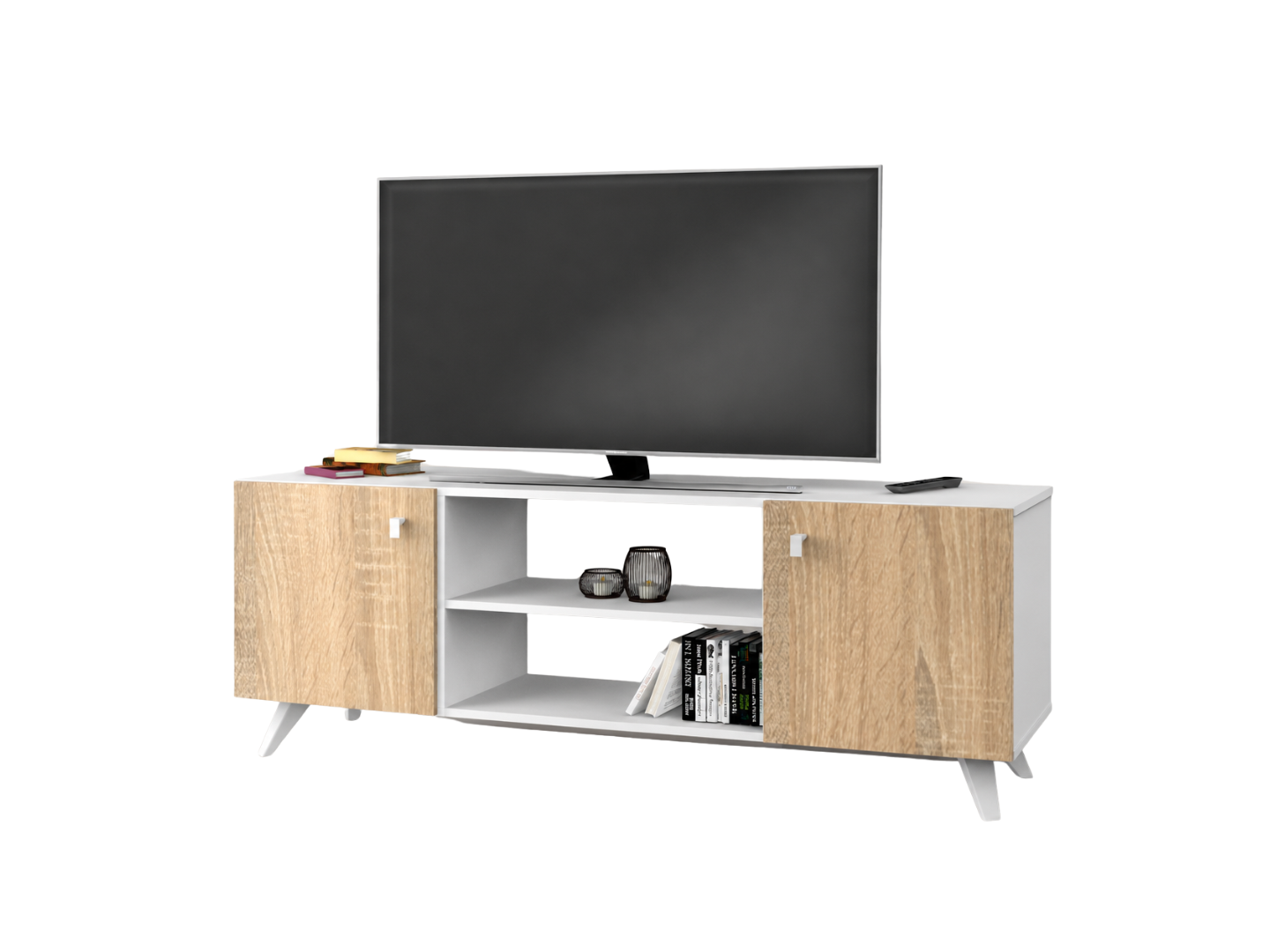Rack De Tv Escandinavo Blanco con Roble
