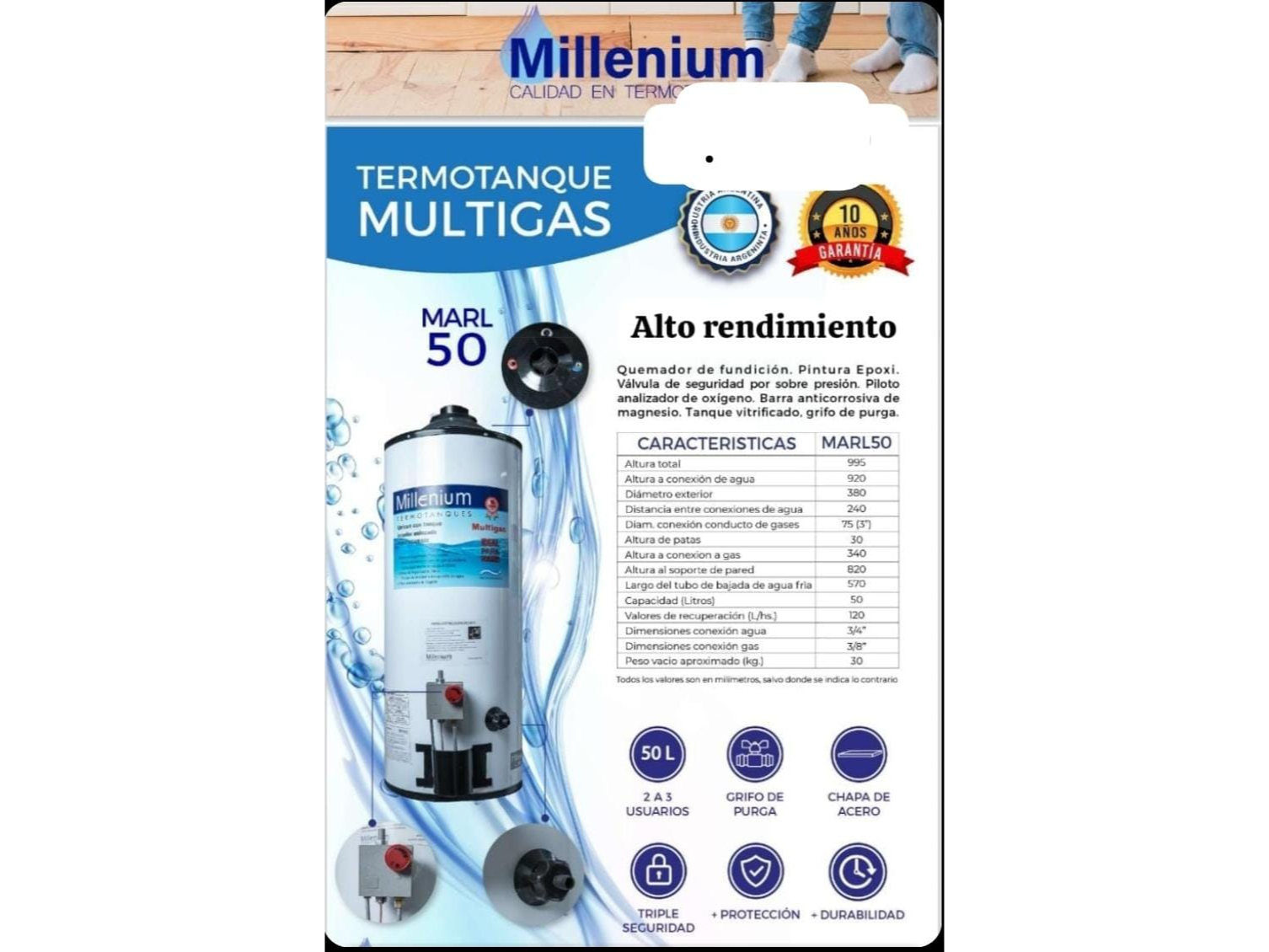 TERMOTANQUE MULTI GAS MILLENIUM 50 LITROS SUPERIOR.