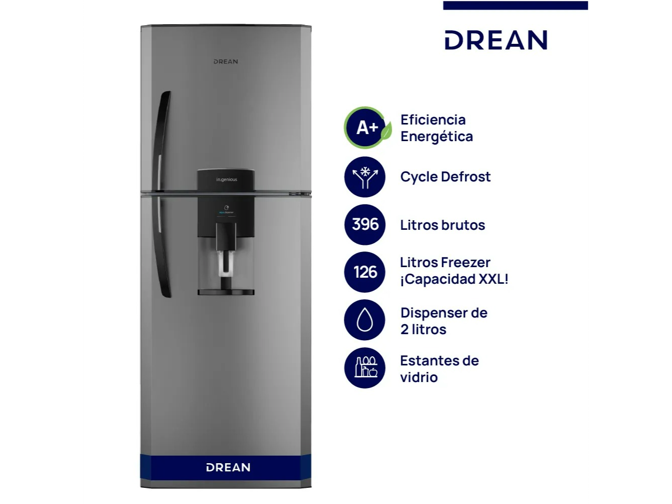 HELADERA DREAN 392L PLATEADA CON DISPENSER