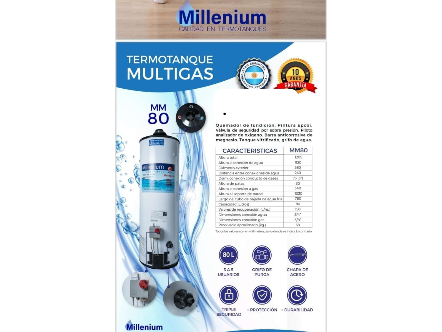 TERMOTANQUE MULTI GAS MILLENIUM 80 LITROS SUPERIOR.