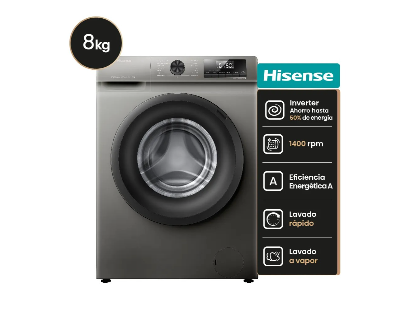 Lavarropa automático hisense 8kg 1400RPM inverter plata
