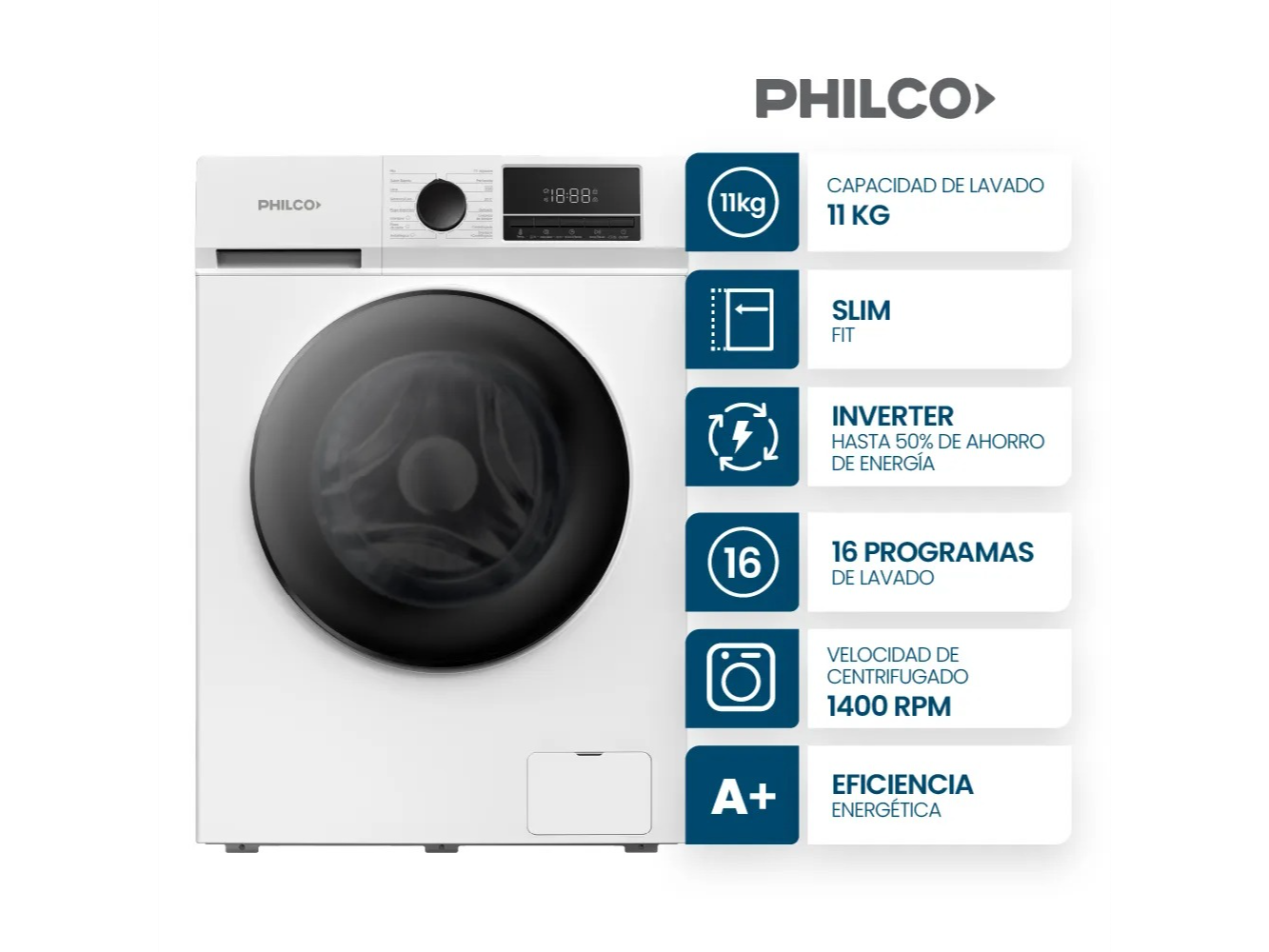 LAVARROPAS PHILCO 11KG 1400RPM INVERTER BLANCO
