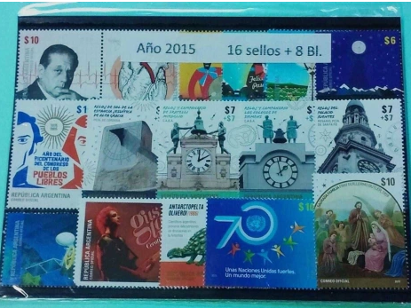 Argentina 2015, Colección de los 16 sellos y  8 hojitas block del año, nuevas mint.