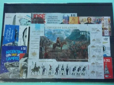 Argentina 2017, Colección de los 16 sellos y  4 hojitas block del año, nuevas mint.
