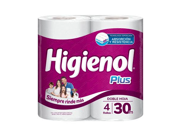 Higienol doble hoja x4 rollos 30 metros.