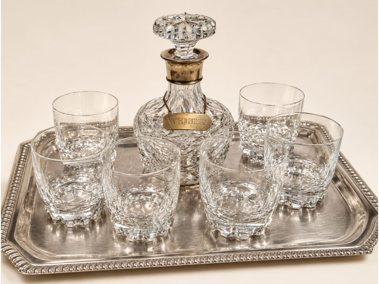 JUEGO ANTIGUO DE WHISKY -PLATA LAPPAS - INCLUYE BANDEJA