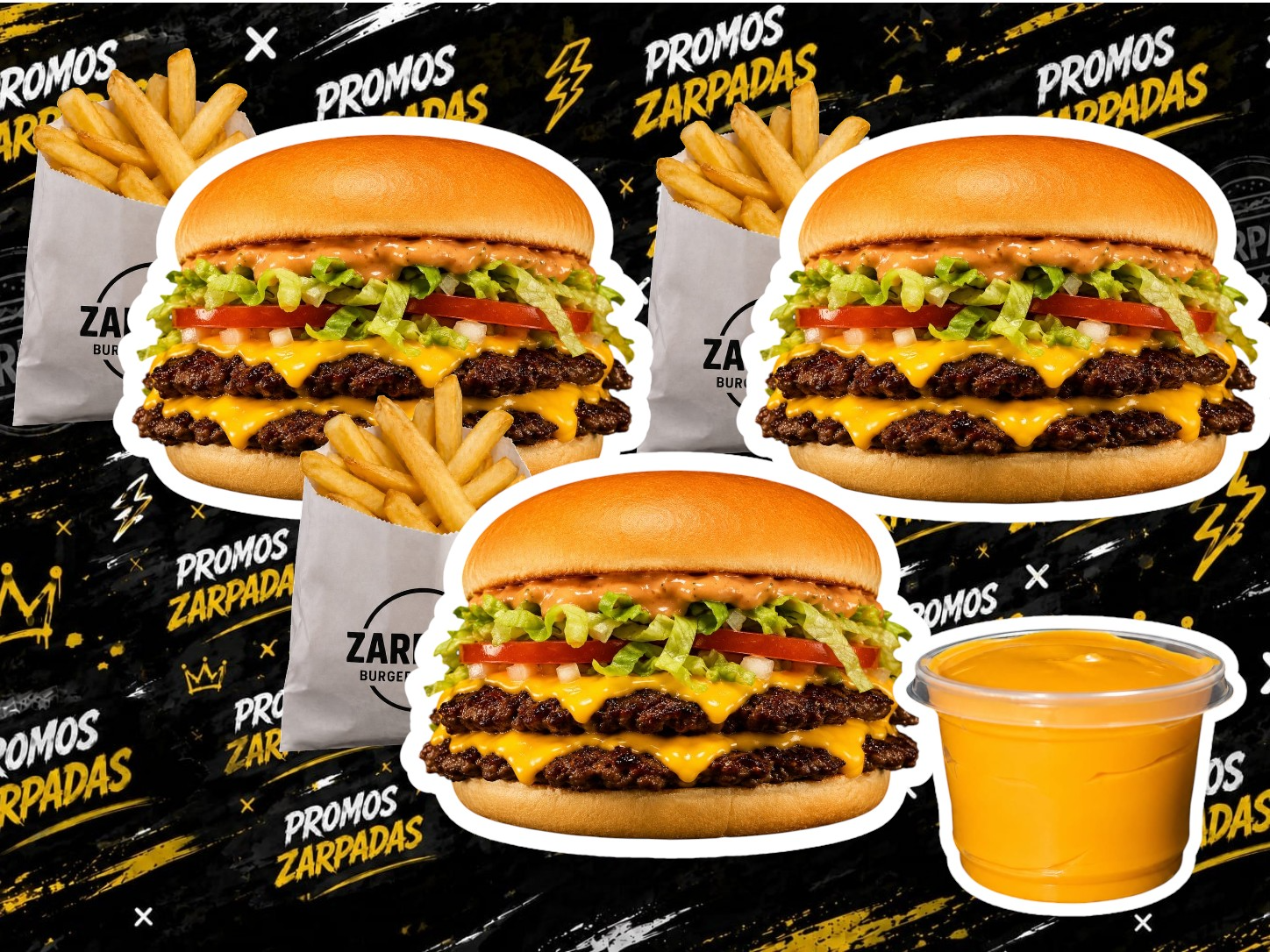 3 DOBLES COMPLETAS + 3 PAPAS + PILETA DE CHEDDAR