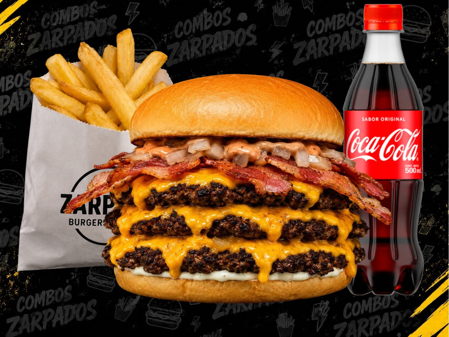 TRIPLE BACON CHEDDAR + PAPAS + GASEOSA
