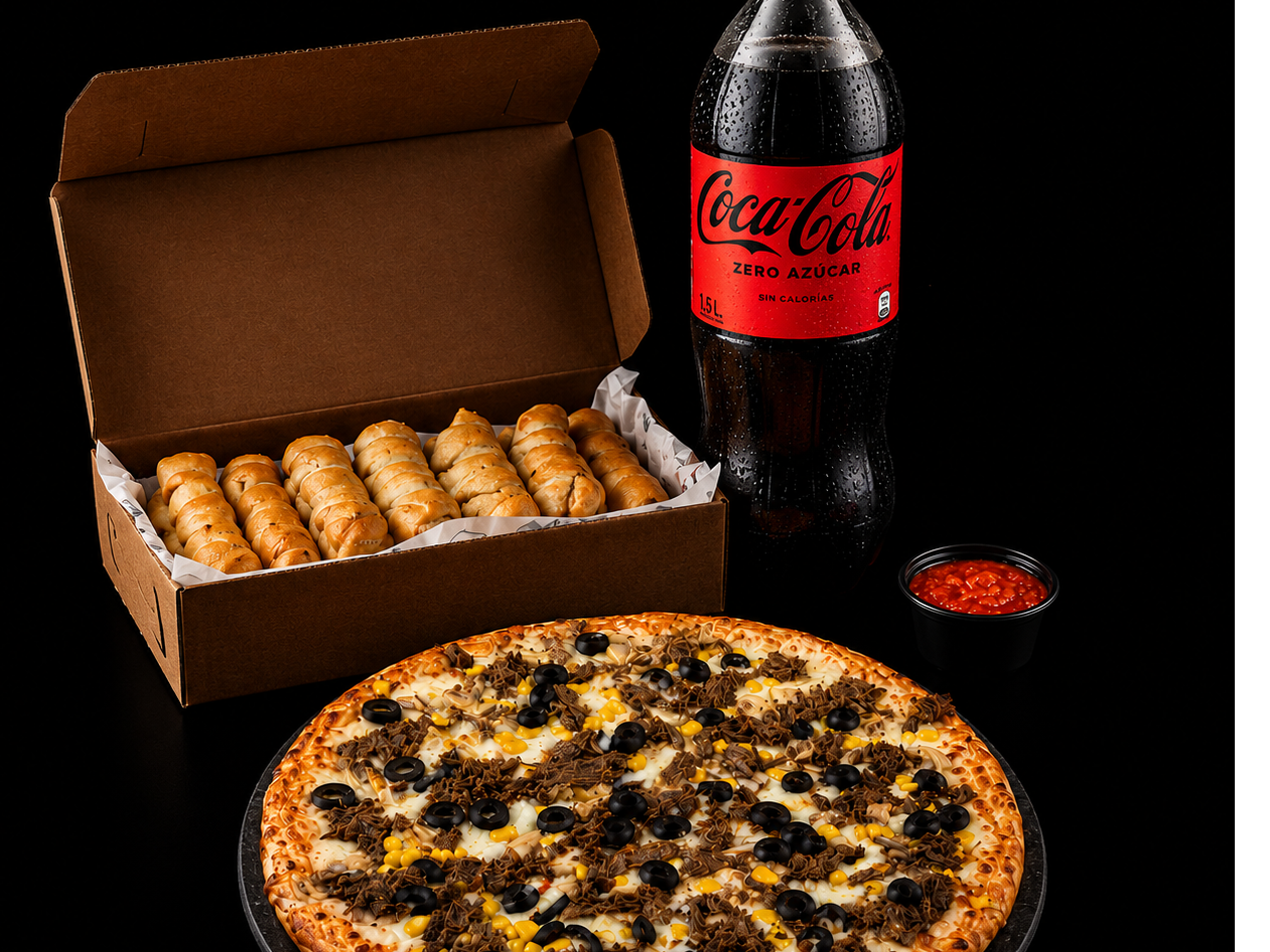 Elige tu pizza mediana + palitos + bebida
