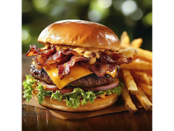 3 CHEDDAR Y BACON + CON FRITAS