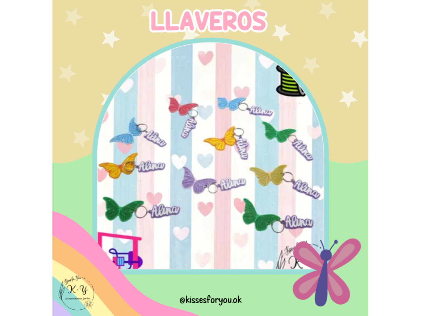 Llaveros Mariposa 2 colores + nombre 2 colores COMBO por 5 (el par)