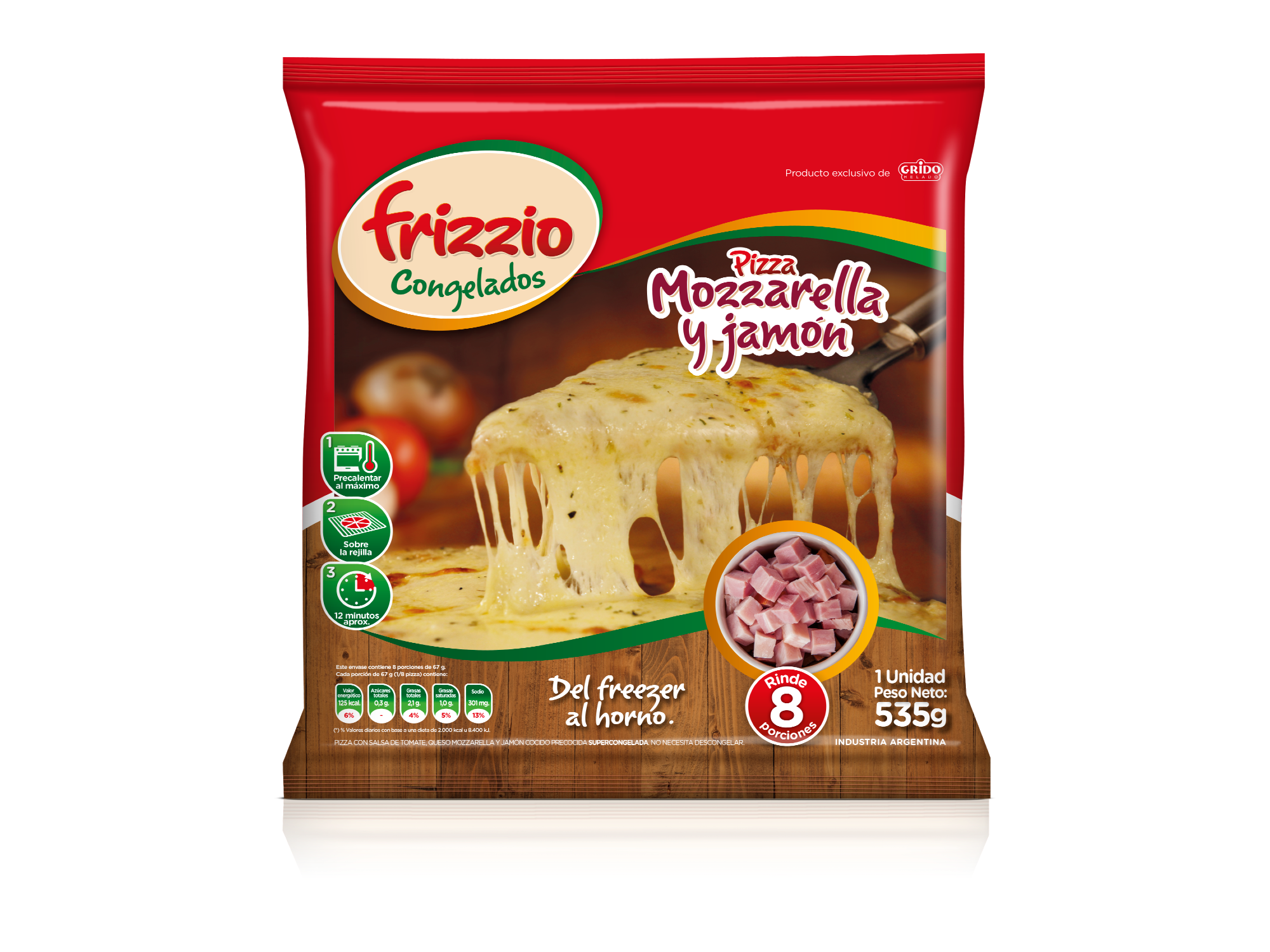 Pizza Mozzarella y Jamón x 8 porciones