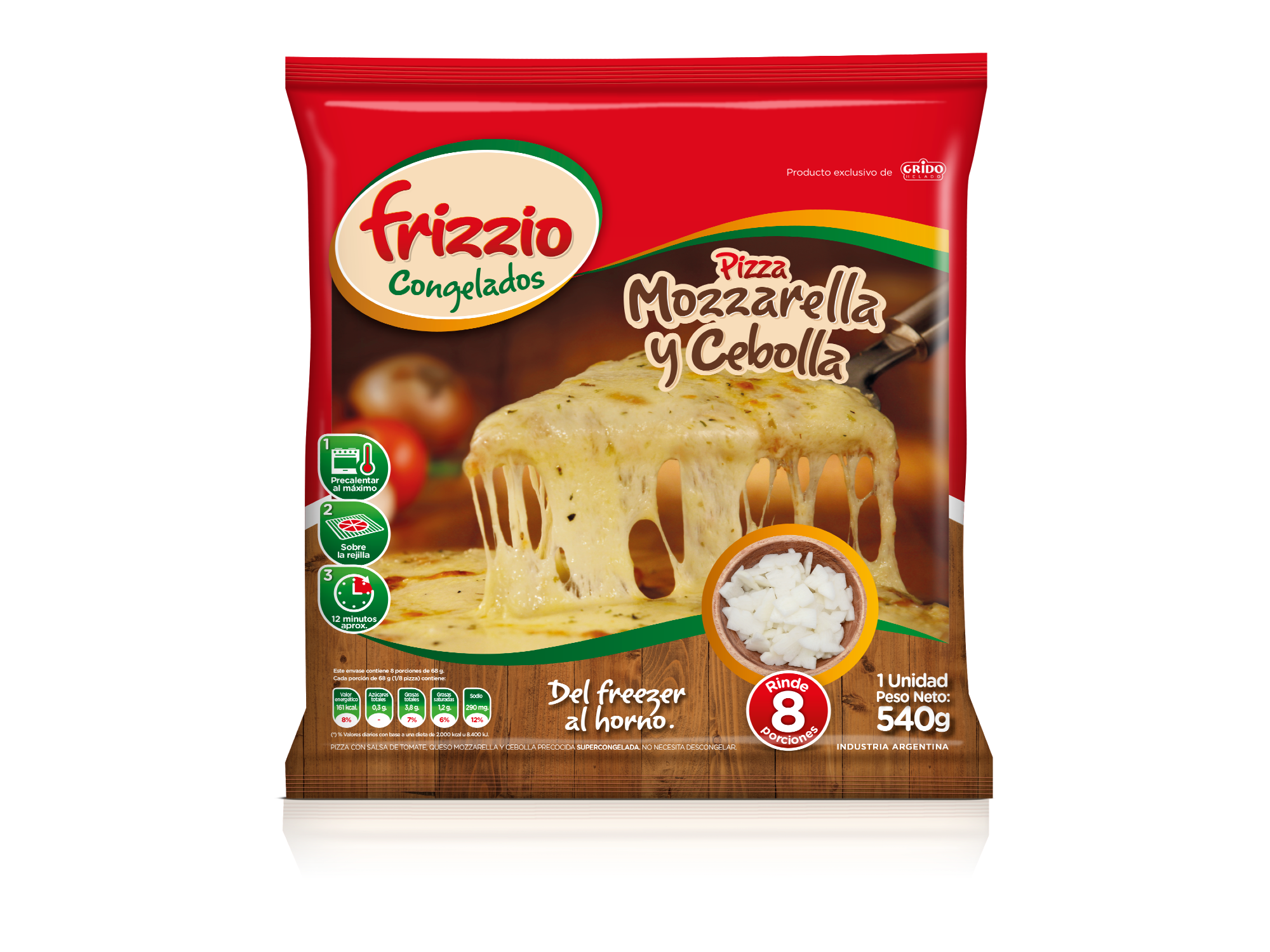 Pizza mozzarella y Cebolla x 8 porciones