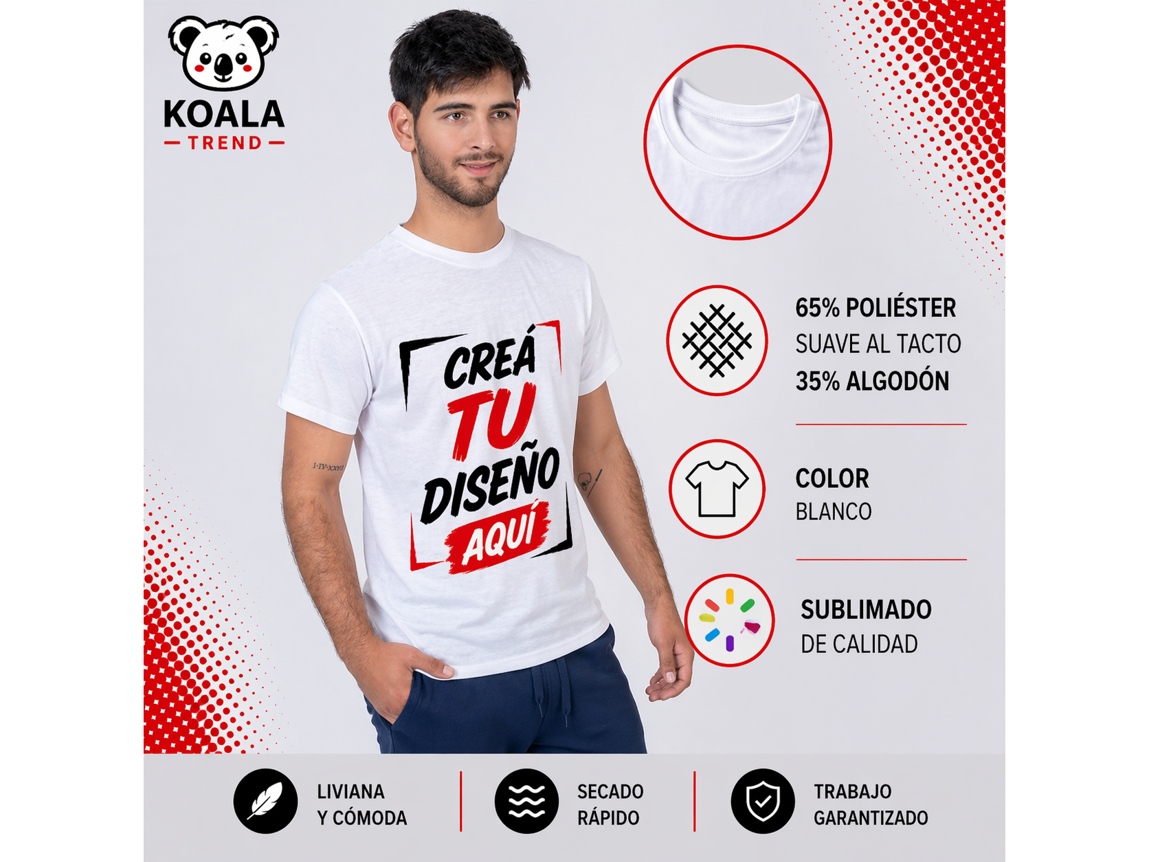 CAMISETA POLIÉSTER SUAVE Y ALGODÓN  BLANCA