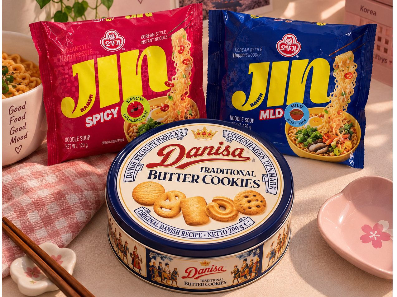 2 ramen jin + galletas danesas de vainilla