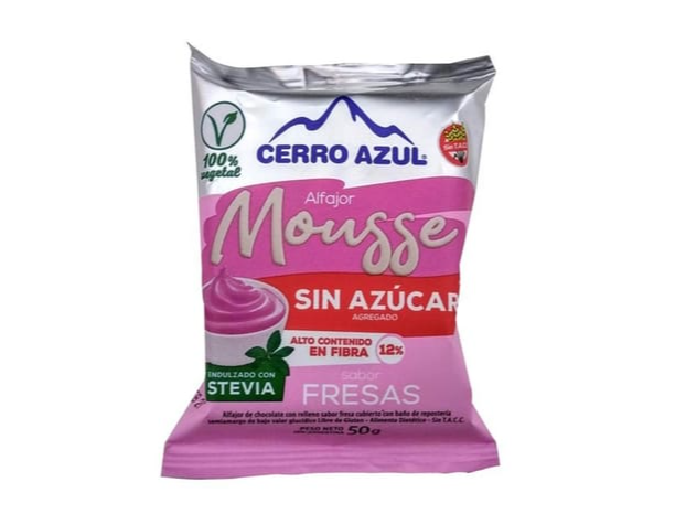 ALFAJOR VEGANO CERRO AZUL MOUSSE SIN TACC SIN AZUCAR AGREGADA SABOR FRAMBUESA