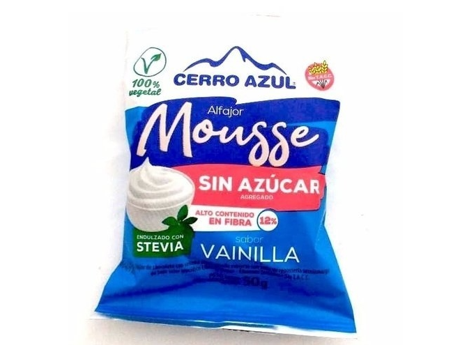 ALFAJOR VEGANO CERRO AZUL  MOUSSE SIN TACC SIN AZUCAR AGREGADA SABOR VAINILLA