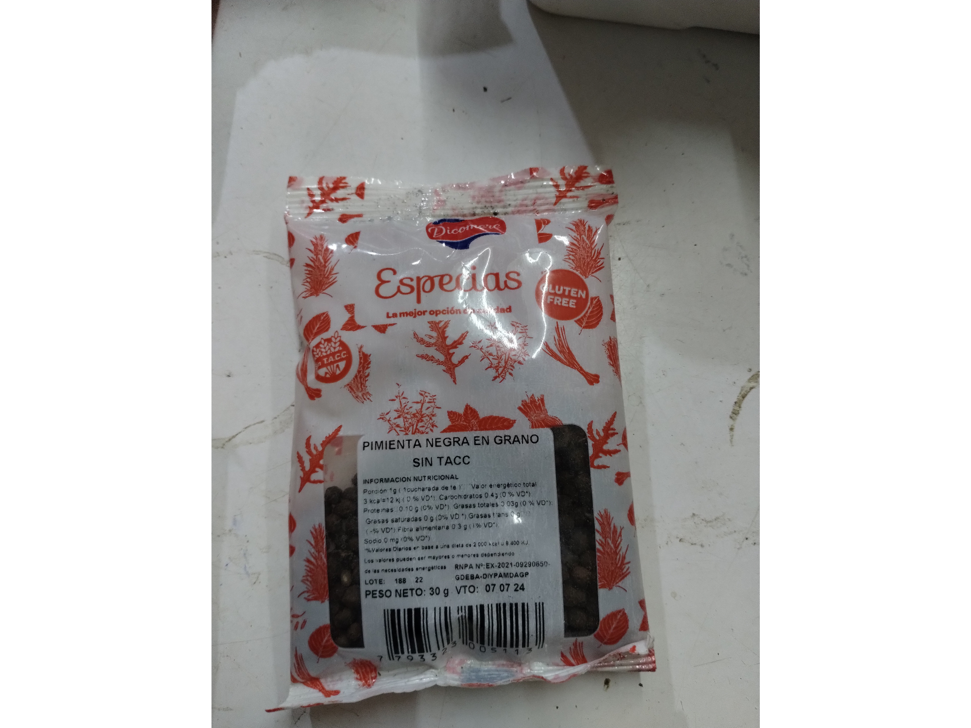 PIMIENTA NEGRA EN GRANO x 30 GRS DICOMERE SIN TACC