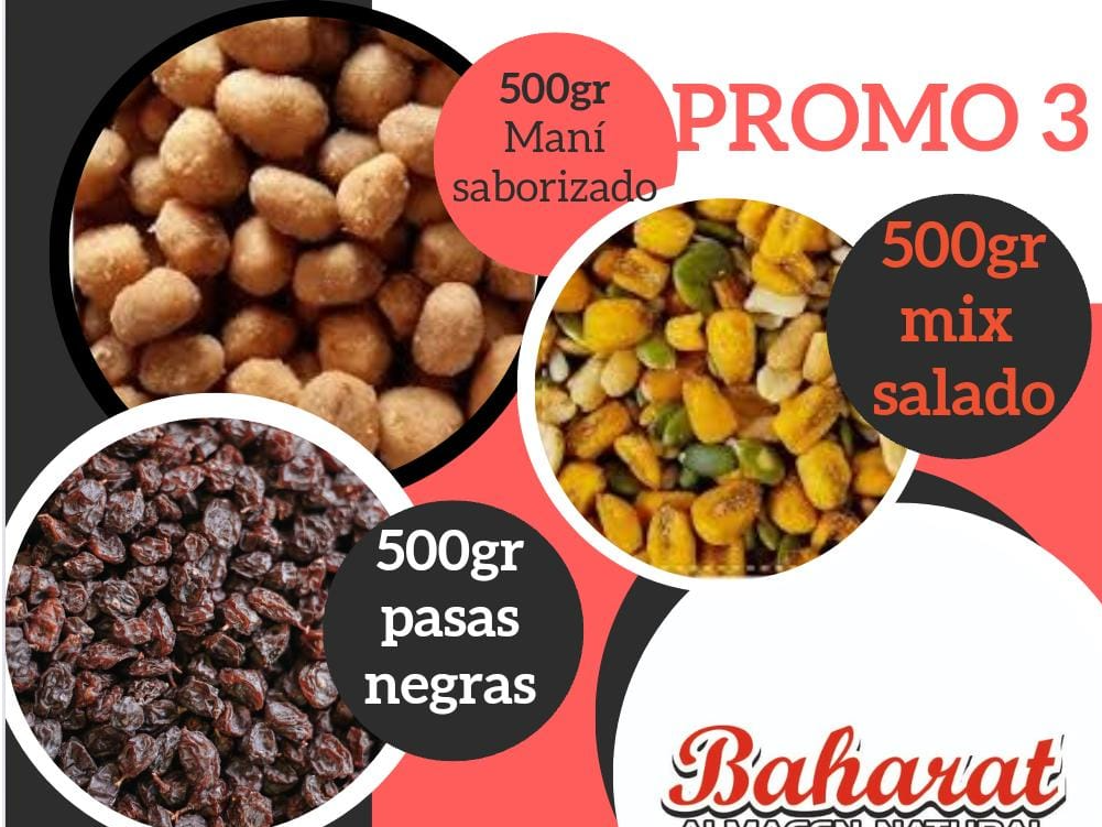 PROMO N° 3 500 GRS MANI SABORIZADO + 500 GRS PASAS NEGRAS + 500 GRS MIX SALADO