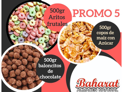 PROMO N° 5 500 GRS BALONCITOS DE CHOCOLATE + 500 GRS ARITOS FRUTALES + 500 COPOS DE MAIZ CON AZUCAR