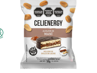 ALFAJOR DE  MANI CON DULCE DE LECHE Y CHOCO NEGRO x 50 GRS CELIENERGY