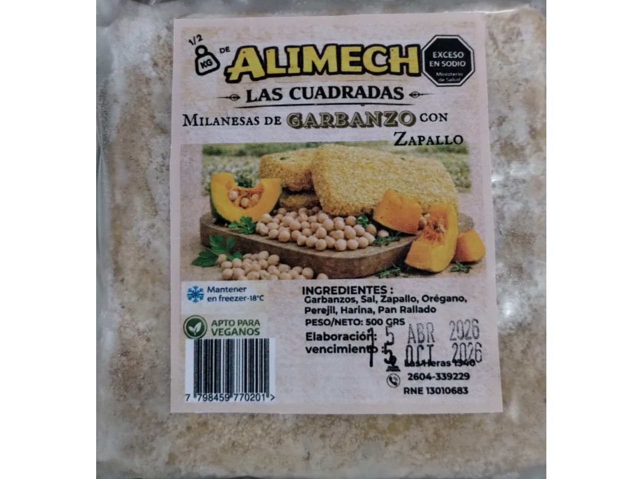 MILANESAS DE GARBANZOS CON ZAPALLO  x 500 GRS ALIMECH
