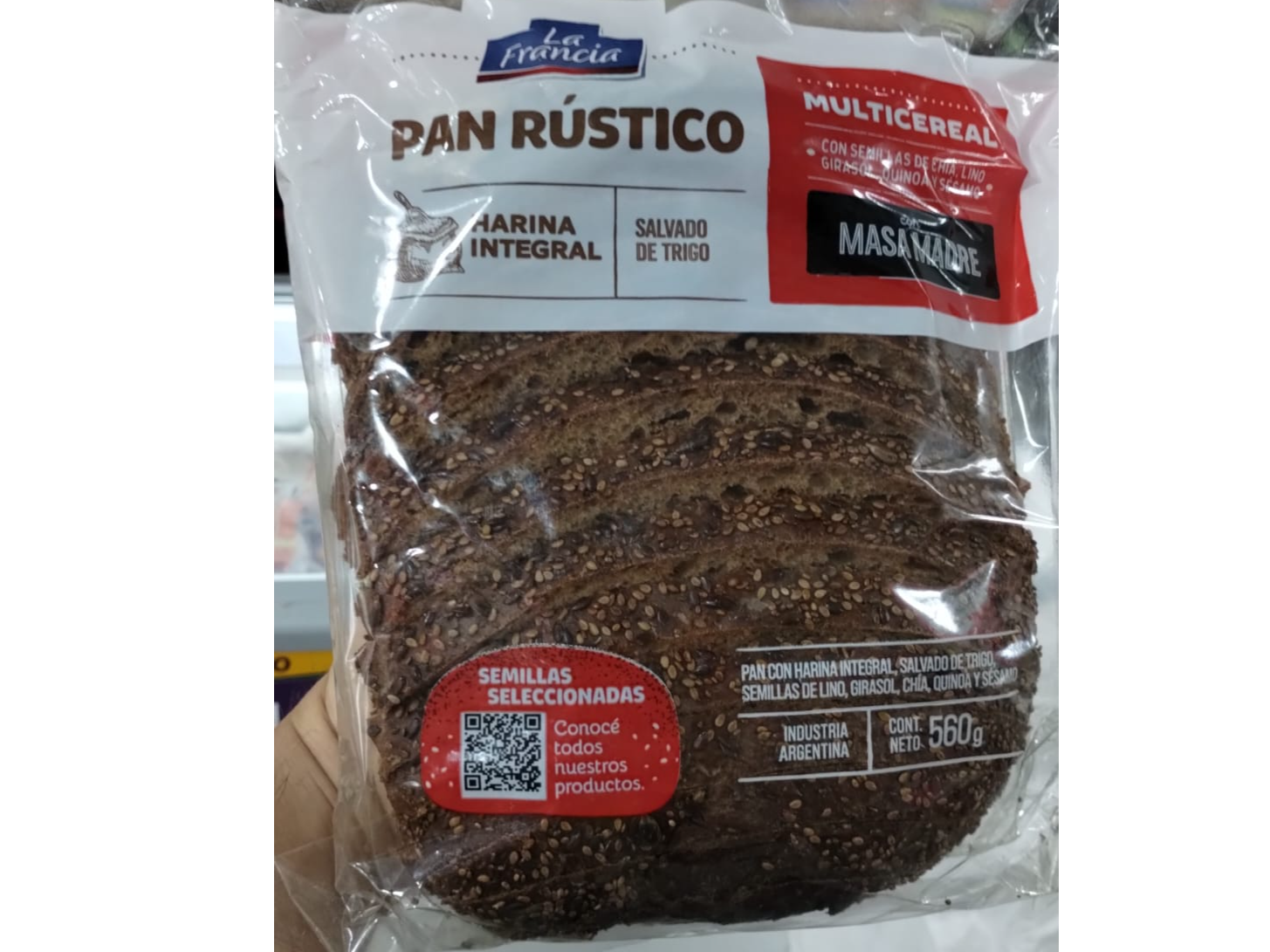 PAN RUSTICO REBANADO CON SEMILLAS, MASA MADRE, HARINA INTEGRAL Y SALVADO x 560 GRS